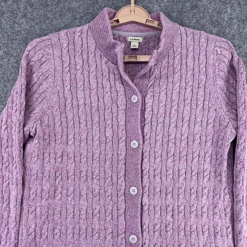LL Bean Women Purple Cable Knit Cotton Cardigan Sweater Mock Neck Large 511495